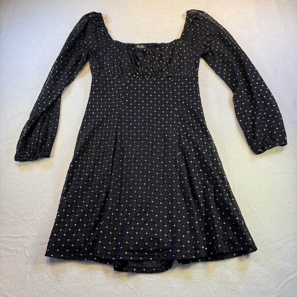 Lilly Rose Smocked Dress Medium Black Gold Metallic Polka Dot Tiered Mini